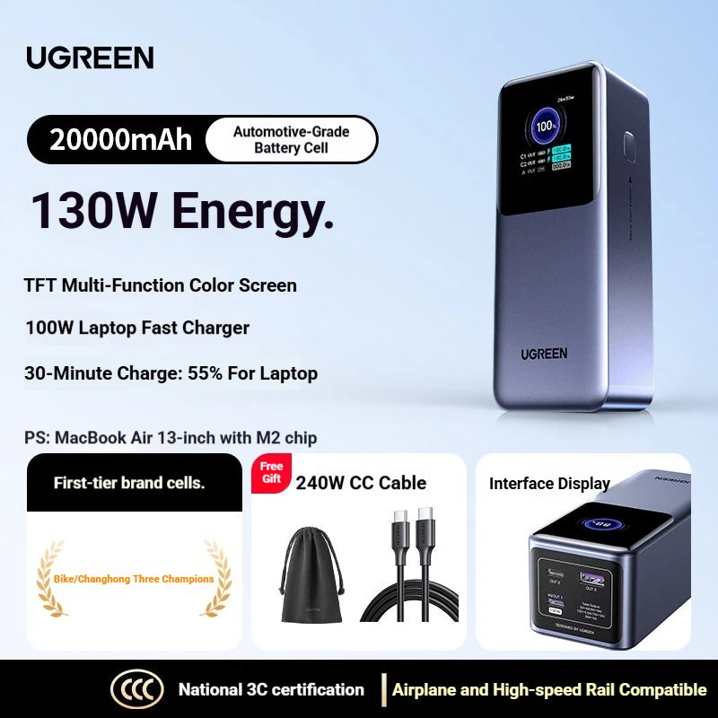 UGREEN 20,000mAh Power Bank with 200W Fast Charging and Integrated 65cm Cable for iPhone 17 Pro and Laptops