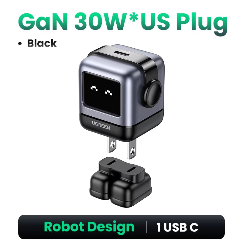 65W 30W GaN Fast Charger with Robot Design, PD3.0, QC4.0, and PPS Compatibility for iPhone 17, 16, 15 Pro, and MacBook Laptops