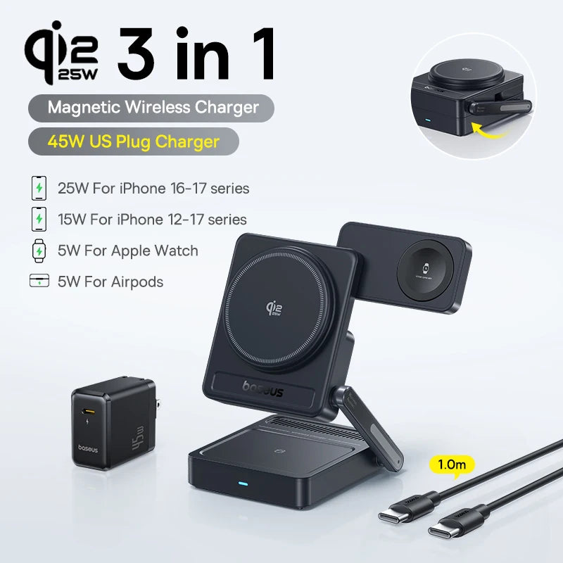 Baseus 3-in-1 Magnetic Wireless Charger Qi 2.2, 25W Fast Charging for iPhone 17/16/15/14, Apple Watch, and AirPods Pro