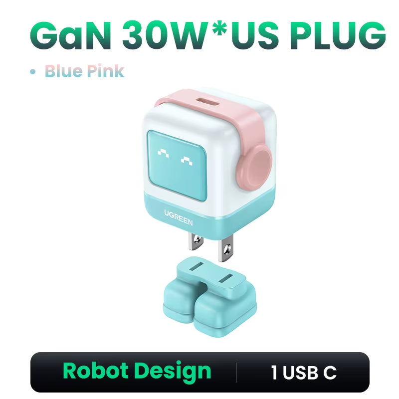 65W 30W GaN Fast Charger with Robot Design, PD3.0, QC4.0, and PPS Compatibility for iPhone 17, 16, 15 Pro, and MacBook Laptops