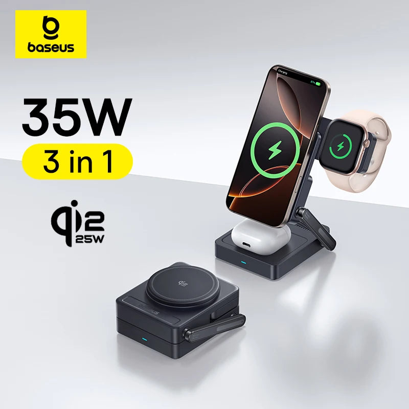 Baseus 3-in-1 Magnetic Wireless Charger Qi 2.2, 25W Fast Charging for iPhone 17/16/15/14, Apple Watch, and AirPods Pro