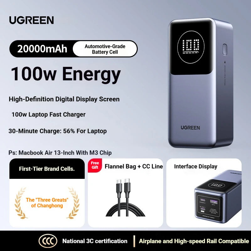 UGREEN 20,000mAh Power Bank with 200W Fast Charging and Integrated 65cm Cable for iPhone 17 Pro and Laptops