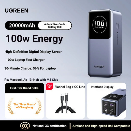 UGREEN 20,000mAh Power Bank with 200W Fast Charging and Integrated 65cm Cable for iPhone 17 Pro and Laptops