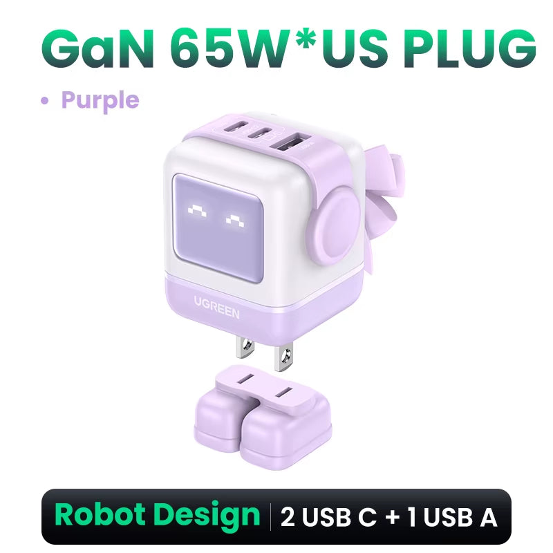 65W 30W GaN Fast Charger with Robot Design, PD3.0, QC4.0, and PPS Compatibility for iPhone 17, 16, 15 Pro, and MacBook Laptops