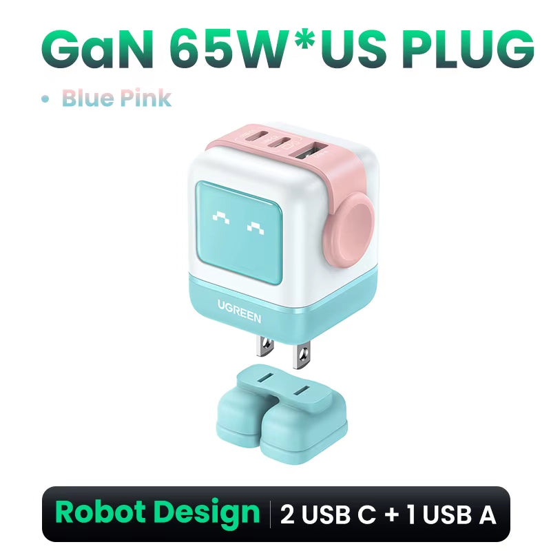 65W 30W GaN Fast Charger with Robot Design, PD3.0, QC4.0, and PPS Compatibility for iPhone 17, 16, 15 Pro, and MacBook Laptops