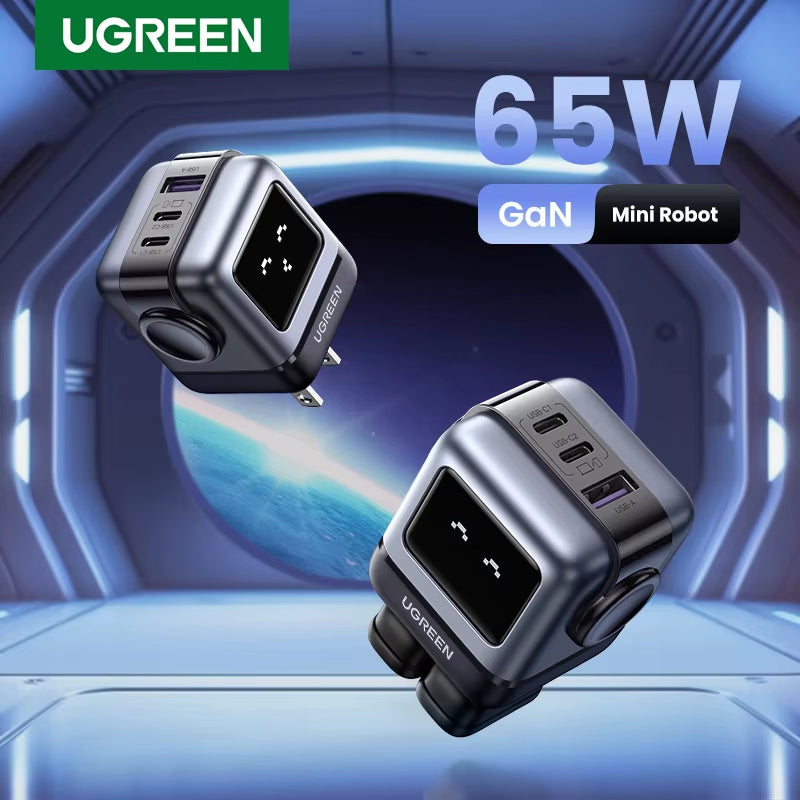 65W 30W GaN Fast Charger with Robot Design, PD3.0, QC4.0, and PPS Compatibility for iPhone 17, 16, 15 Pro, and MacBook Laptops