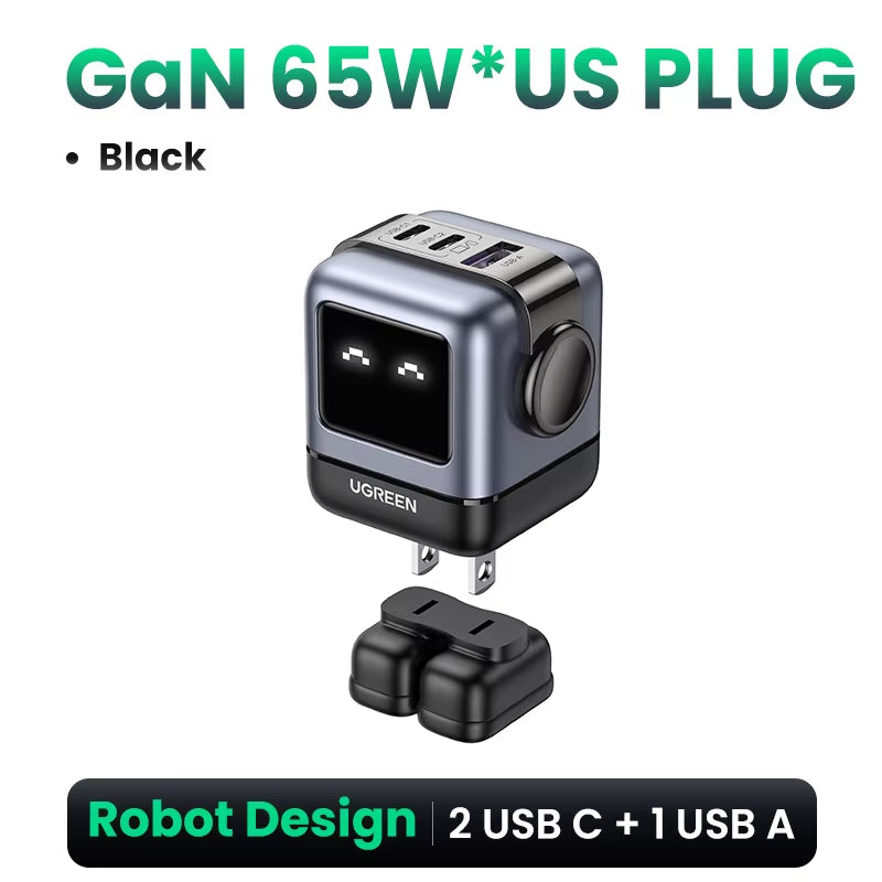 65W 30W GaN Fast Charger with Robot Design, PD3.0, QC4.0, and PPS Compatibility for iPhone 17, 16, 15 Pro, and MacBook Laptops