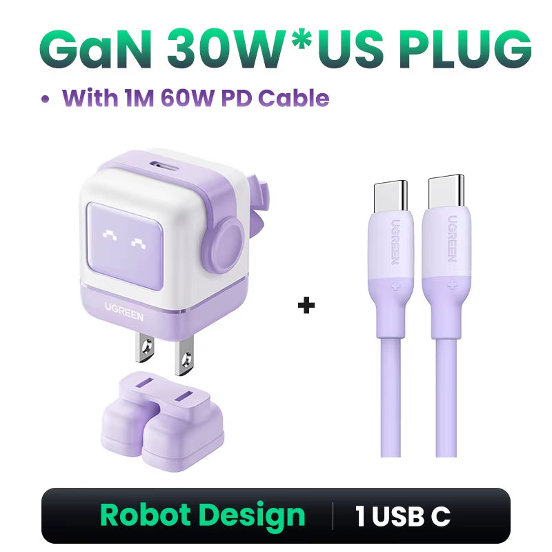 65W 30W GaN Fast Charger with Robot Design, PD3.0, QC4.0, and PPS Compatibility for iPhone 17, 16, 15 Pro, and MacBook Laptops