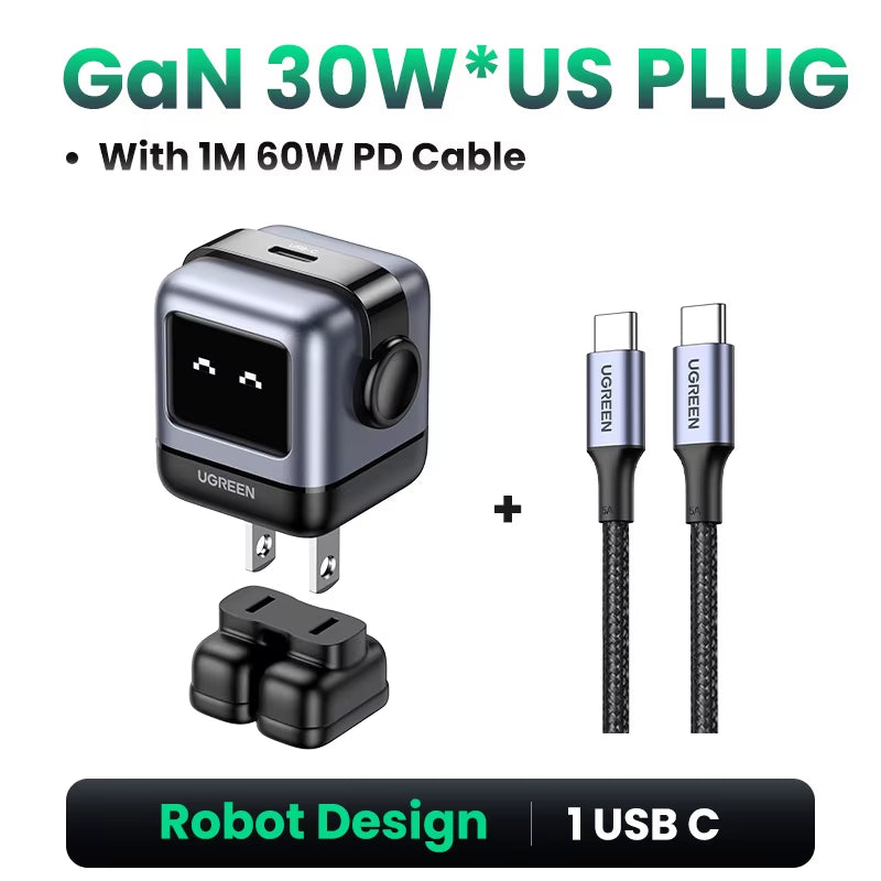 65W 30W GaN Fast Charger with Robot Design, PD3.0, QC4.0, and PPS Compatibility for iPhone 17, 16, 15 Pro, and MacBook Laptops