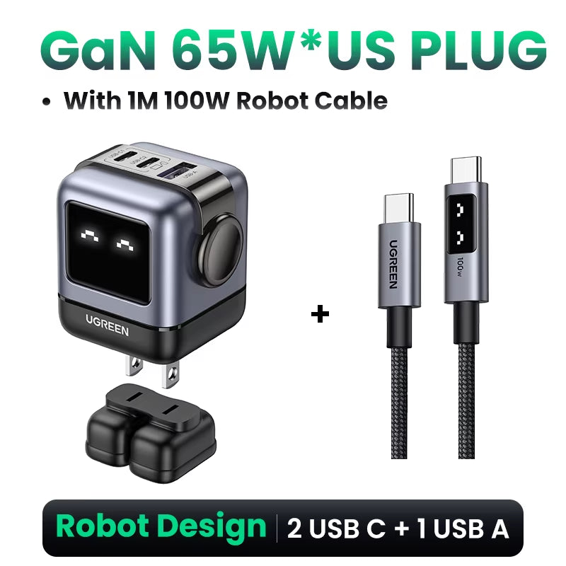 65W 30W GaN Fast Charger with Robot Design, PD3.0, QC4.0, and PPS Compatibility for iPhone 17, 16, 15 Pro, and MacBook Laptops