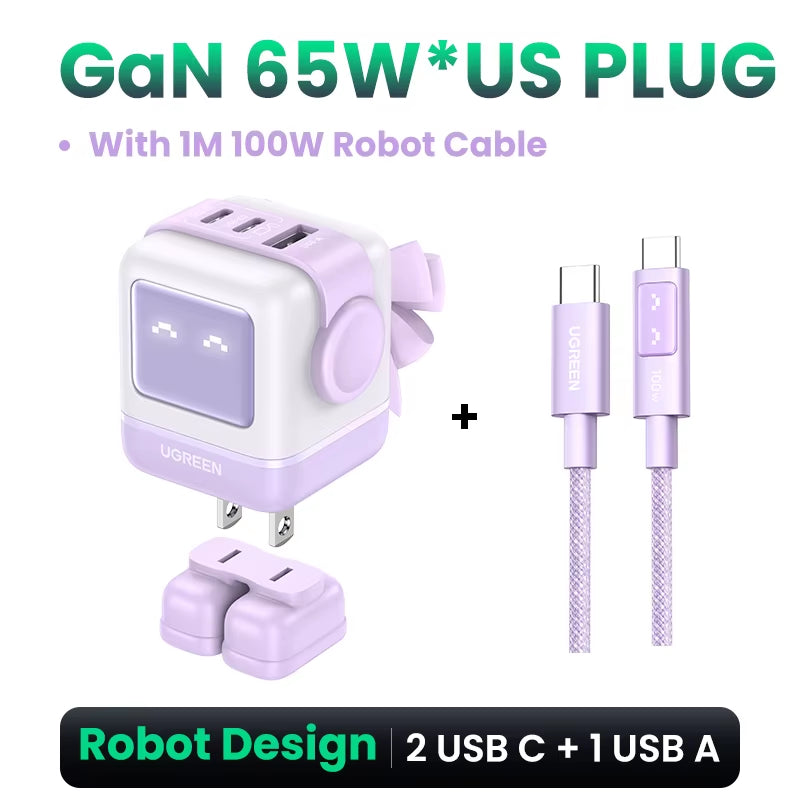 65W 30W GaN Fast Charger with Robot Design, PD3.0, QC4.0, and PPS Compatibility for iPhone 17, 16, 15 Pro, and MacBook Laptops