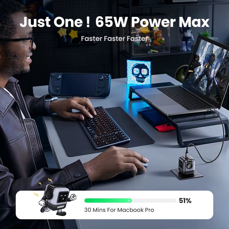 65W 30W GaN Fast Charger with Robot Design, PD3.0, QC4.0, and PPS Compatibility for iPhone 17, 16, 15 Pro, and MacBook Laptops