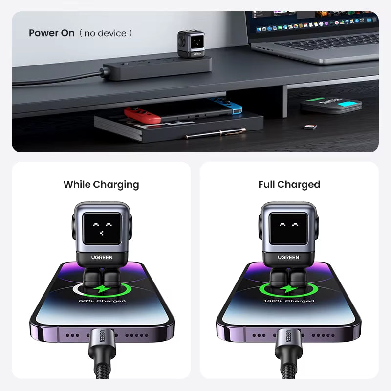 65W 30W GaN Fast Charger with Robot Design, PD3.0, QC4.0, and PPS Compatibility for iPhone 17, 16, 15 Pro, and MacBook Laptops