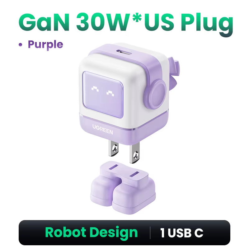 65W 30W GaN Fast Charger with Robot Design, PD3.0, QC4.0, and PPS Compatibility for iPhone 17, 16, 15 Pro, and MacBook Laptops