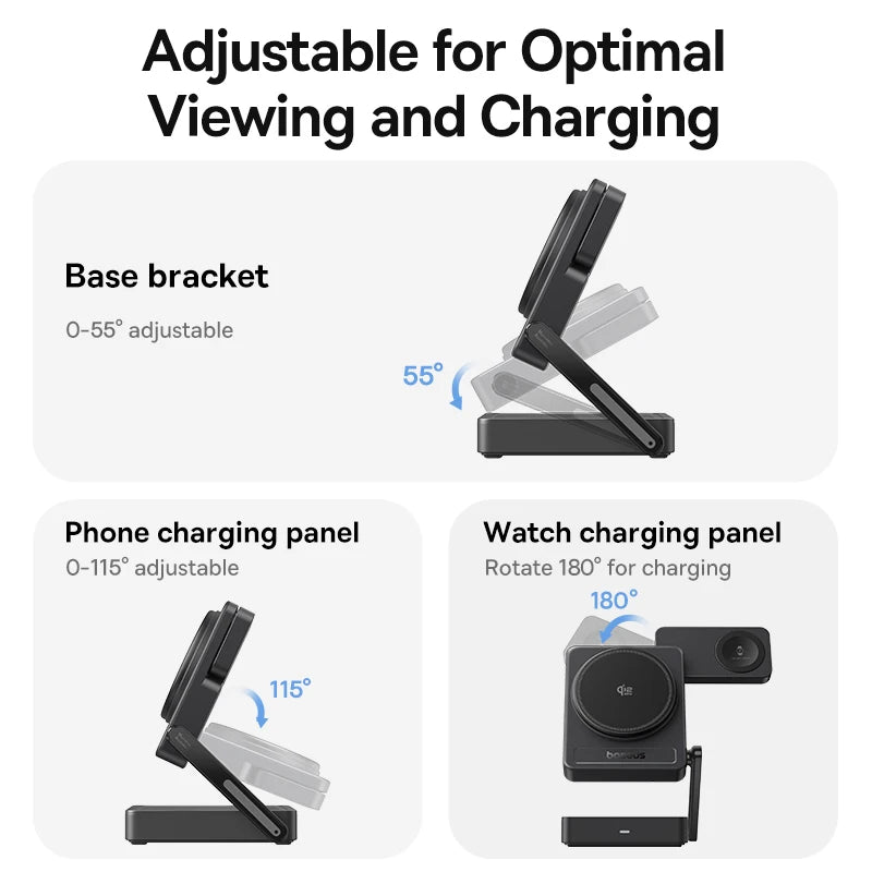 Baseus 3-in-1 Magnetic Wireless Charger Qi 2.2, 25W Fast Charging for iPhone 17/16/15/14, Apple Watch, and AirPods Pro