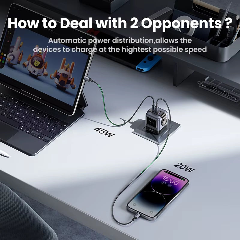 65W 30W GaN Fast Charger with Robot Design, PD3.0, QC4.0, and PPS Compatibility for iPhone 17, 16, 15 Pro, and MacBook Laptops