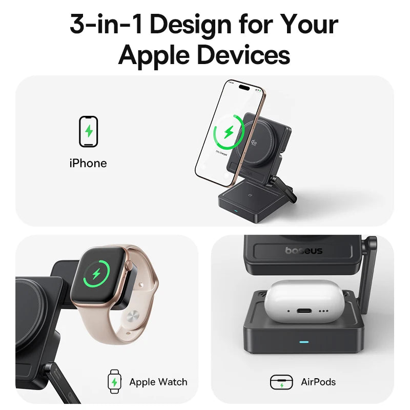 Baseus 3-in-1 Magnetic Wireless Charger Qi 2.2, 25W Fast Charging for iPhone 17/16/15/14, Apple Watch, and AirPods Pro