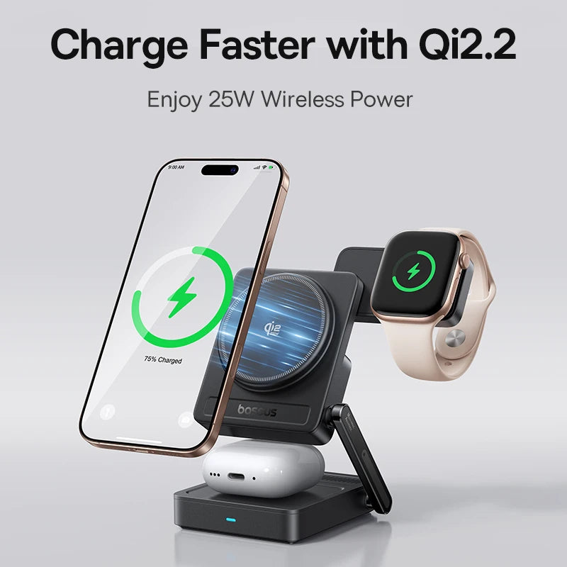 Baseus 3-in-1 Magnetic Wireless Charger Qi 2.2, 25W Fast Charging for iPhone 17/16/15/14, Apple Watch, and AirPods Pro