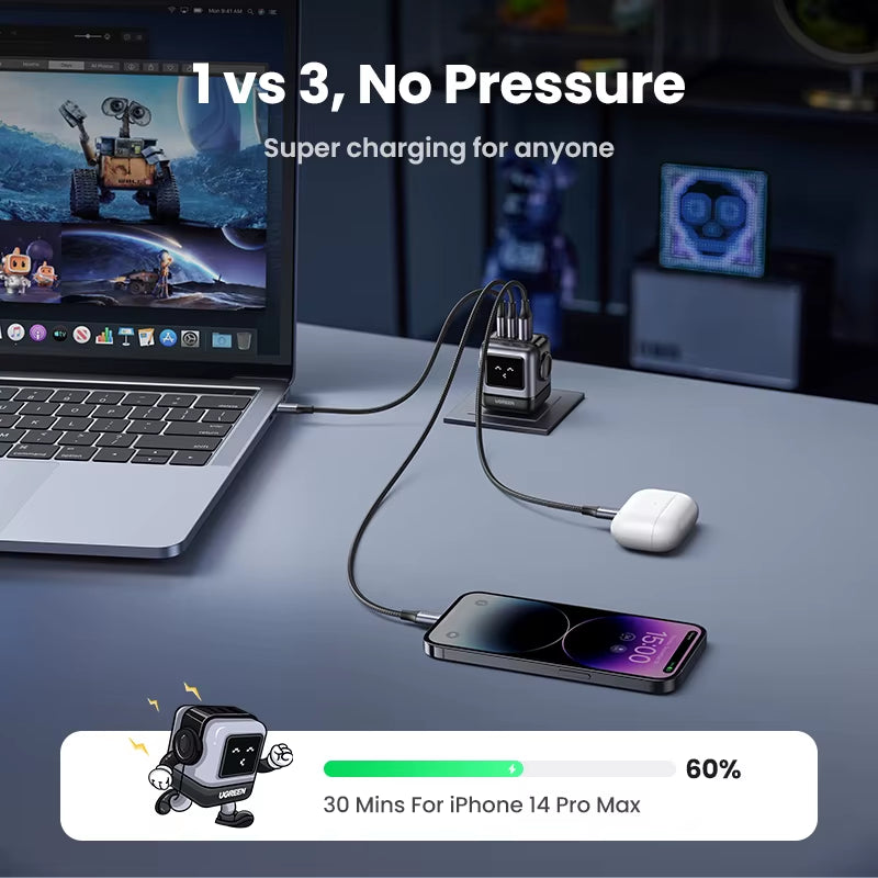 65W 30W GaN Fast Charger with Robot Design, PD3.0, QC4.0, and PPS Compatibility for iPhone 17, 16, 15 Pro, and MacBook Laptops