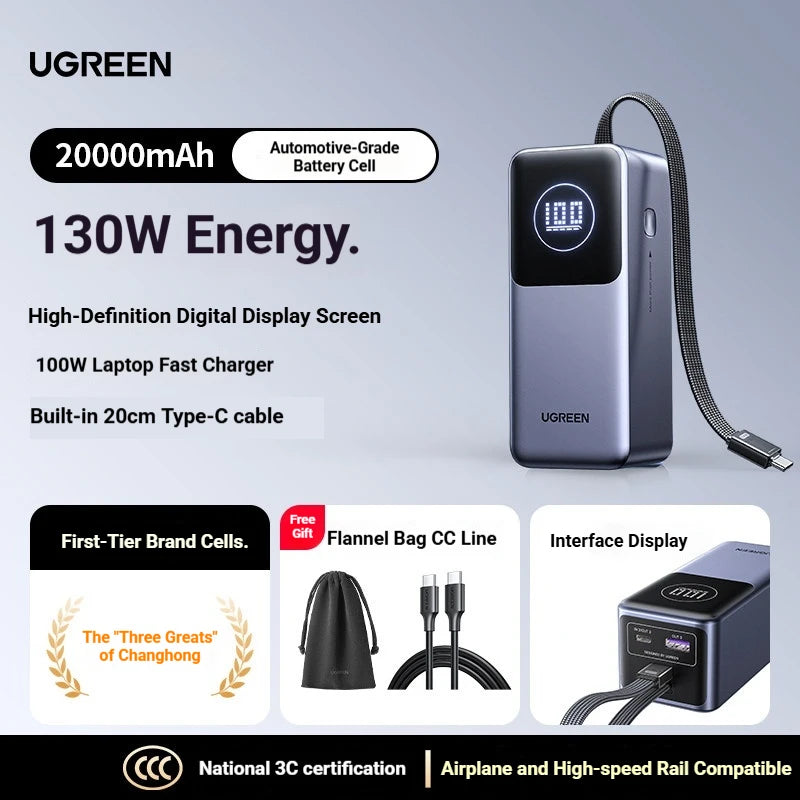 UGREEN 20,000mAh Power Bank with 200W Fast Charging and Integrated 65cm Cable for iPhone 17 Pro and Laptops