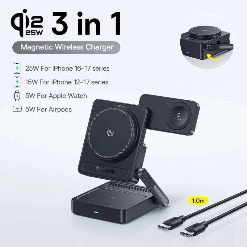 Baseus 3-in-1 Magnetic Wireless Charger Qi 2.2, 25W Fast Charging for iPhone 17/16/15/14, Apple Watch, and AirPods Pro