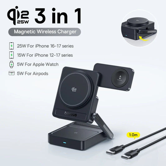 Baseus 3-in-1 Magnetic Wireless Charger Qi 2.2, 25W Fast Charging for iPhone 17/16/15/14, Apple Watch, and AirPods Pro